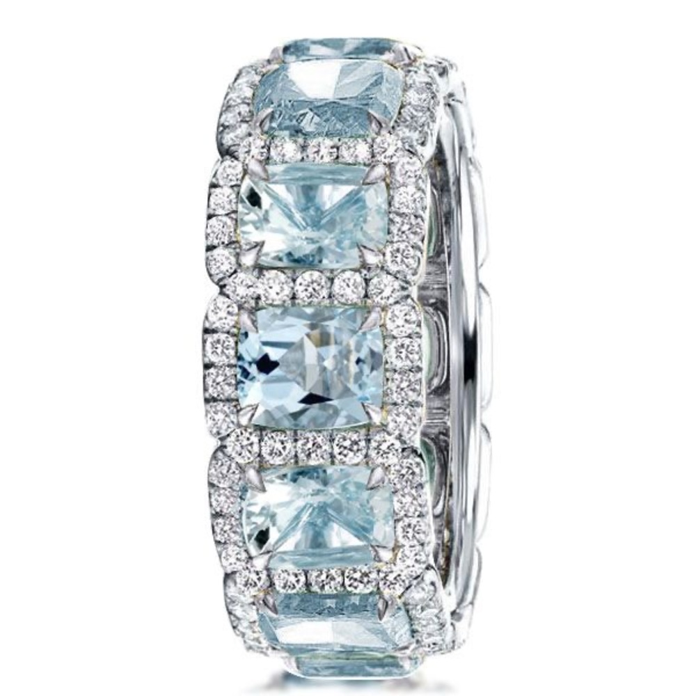 Aquamarine Ring Cushion Cut Eternity Wedding Band For Women 925 Sterling Silver - Picture 2 of 9
